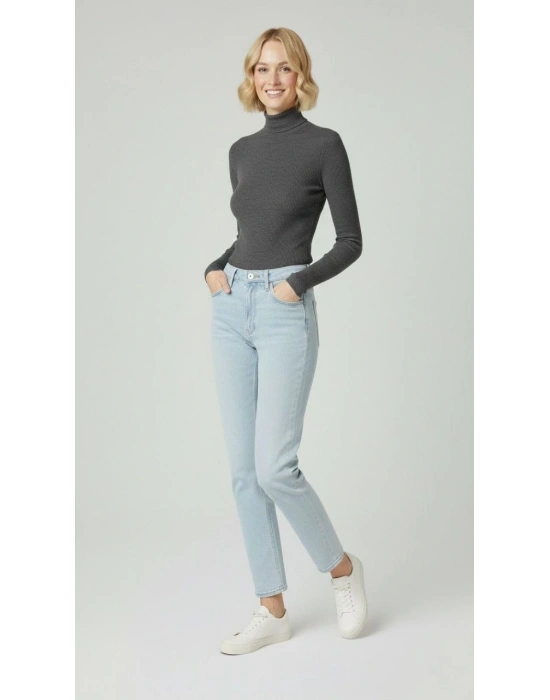 Kadın Tam Boğazlı Fitilli Likrali Kaşkorse Badi İnce Uzun Kollu Kazak - Antrasit