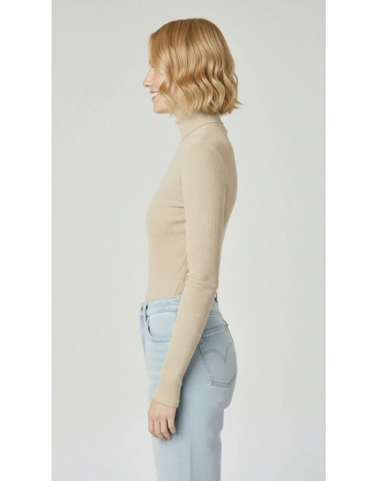 Kadın Tam Boğazlı Fitilli Likrali Kaşkorse Badi İnce Uzun Kollu Kazak - Bej