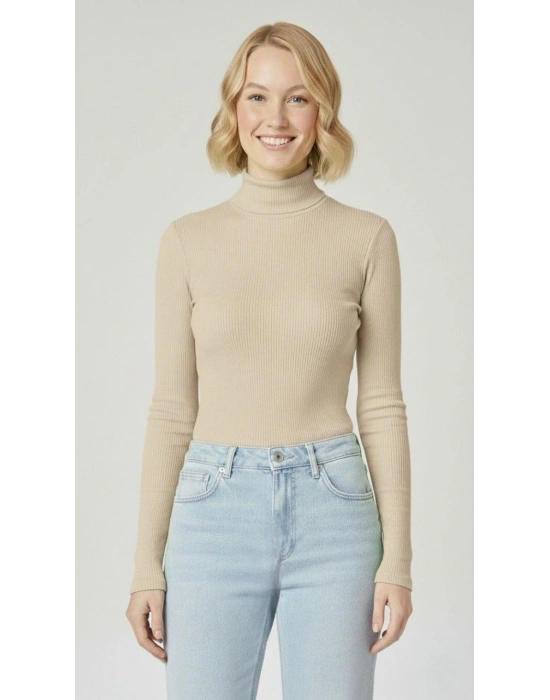 Kadın Tam Boğazlı Fitilli Likrali Kaşkorse Badi İnce Uzun Kollu Kazak - Bej