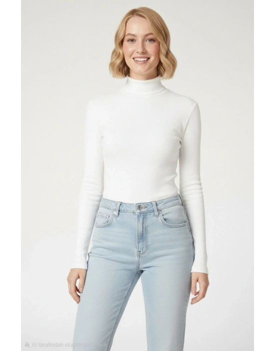 Kadın Tam Boğazlı Fitilli Likrali Kaşkorse Badi İnce Uzun Kollu Kazak - Beyaz