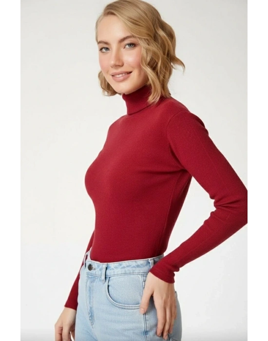 Kadın Tam Boğazlı Fitilli Likrali Kaşkorse Badi İnce Uzun Kollu Kazak - Bordo