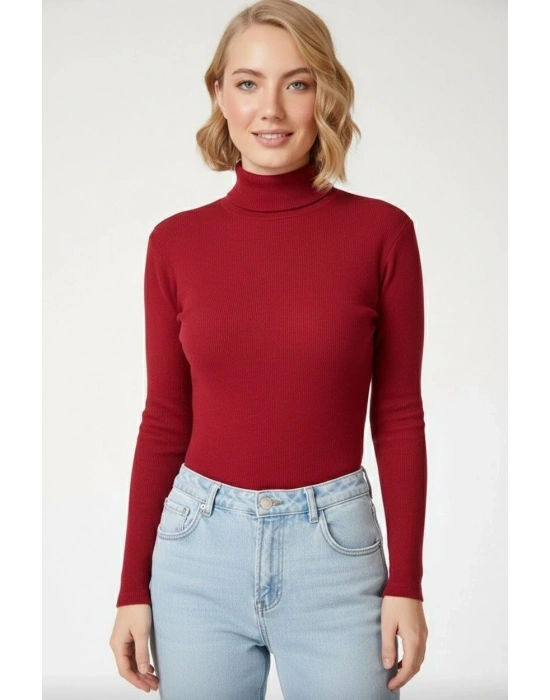 Kadın Tam Boğazlı Fitilli Likrali Kaşkorse Badi İnce Uzun Kollu Kazak - Bordo