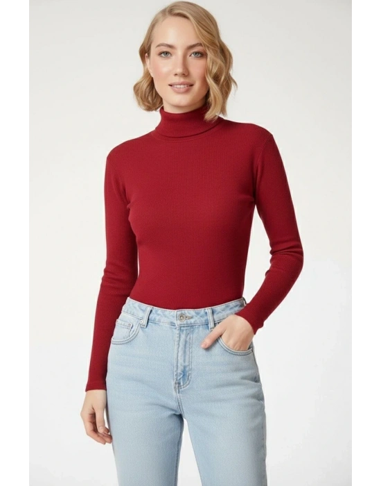 Kadın Tam Boğazlı Fitilli Likrali Kaşkorse Badi İnce Uzun Kollu Kazak - Bordo