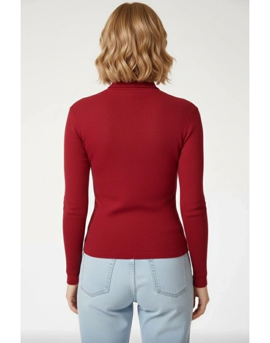 Kadın Tam Boğazlı Fitilli Likrali Kaşkorse Badi İnce Uzun Kollu Kazak - Bordo