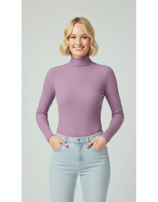 Kadın Tam Boğazlı Fitilli Likrali Kaşkorse Badi İnce Uzun Kollu Kazak - Mor