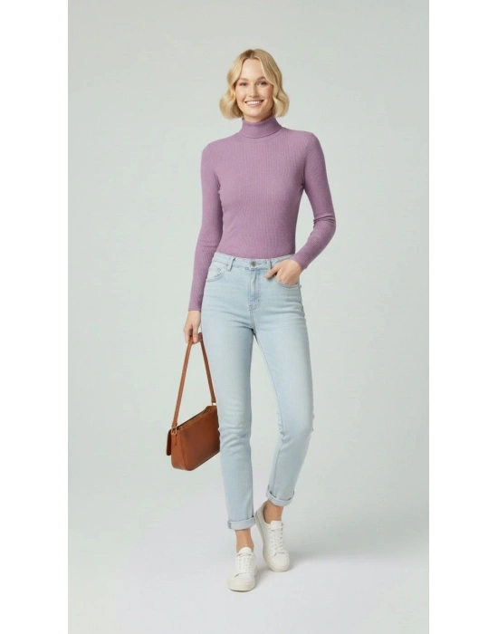 Kadın Tam Boğazlı Fitilli Likrali Kaşkorse Badi İnce Uzun Kollu Kazak - Mor