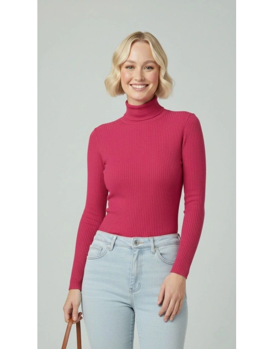 Kadın Tam Boğazlı Fitilli Likrali Kaşkorse Badi İnce Uzun Kollu Kazak - Pembe