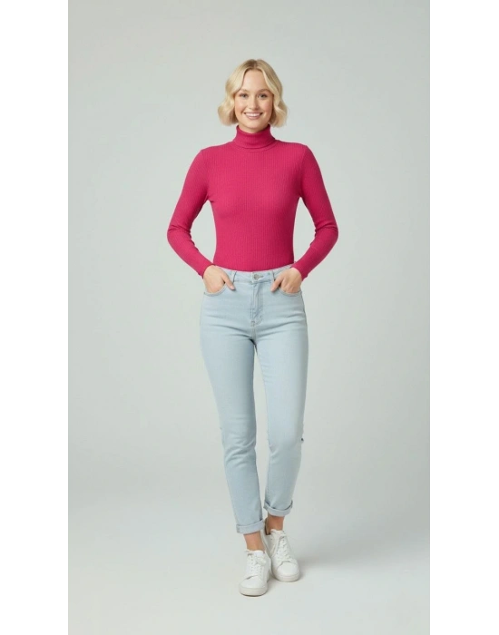 Kadın Tam Boğazlı Fitilli Likrali Kaşkorse Badi İnce Uzun Kollu Kazak - Pembe