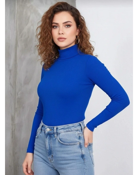 Kadın Tam Boğazlı Fitilli Likrali Kaşkorse Badi İnce Uzun Kollu Kazak - Saks Mavisi