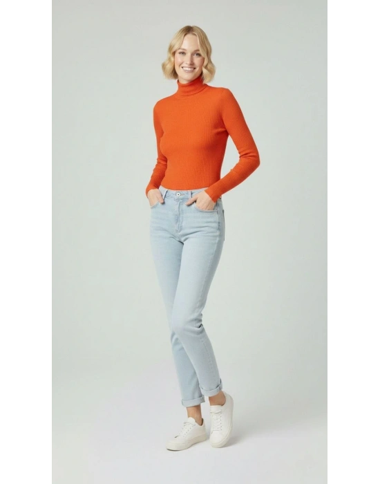 Kadın Tam Boğazlı Fitilli Likrali Kaşkorse Badi İnce Uzun Kollu Kazak - Turuncu