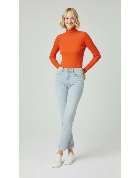 Kadın Tam Boğazlı Fitilli Likrali Kaşkorse Badi İnce Uzun Kollu Kazak - Turuncu