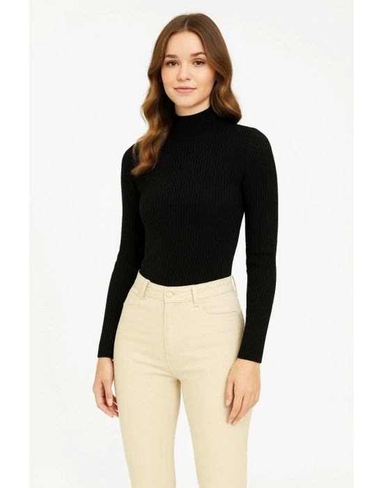 Kadın Tam Boğazlı Fitilli Likrali Koşkorse Badi - Siyah