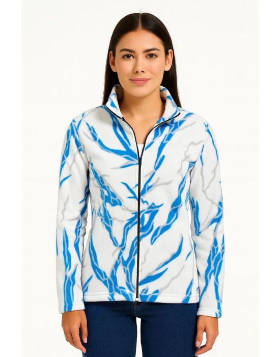 Kadın Tam Fermuarlı Desenli Polar Sweat Lightning Desen Yakalı, Uzun Kollu, Oversize Rahat Kalıp - Beyaz