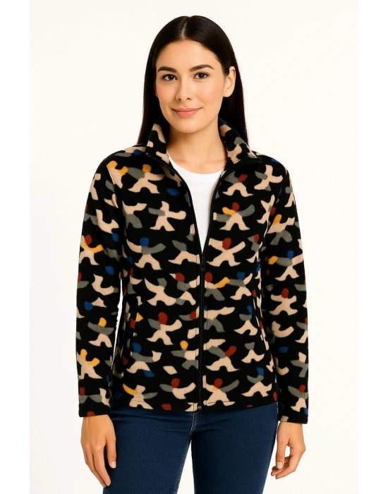 Kadın Tam Fermuarlı Desenli Polar Sweat – Siyah Multicolor Figür Desen Yakalı, Uzun Kollu, Oversize Rahat Kalıp - Siyah