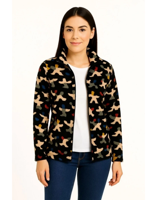 Kadın Tam Fermuarlı Desenli Polar Sweat – Siyah Multicolor Figür Desen Yakalı, Uzun Kollu, Oversize Rahat Kalıp - Siyah