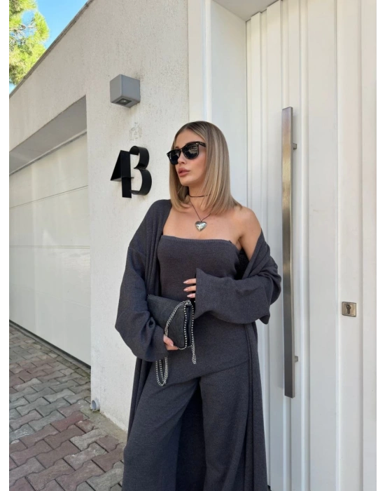 Kadın Triko 3 Parça Takım Straplez Üst Pantolon Uzun Hırka - Füme