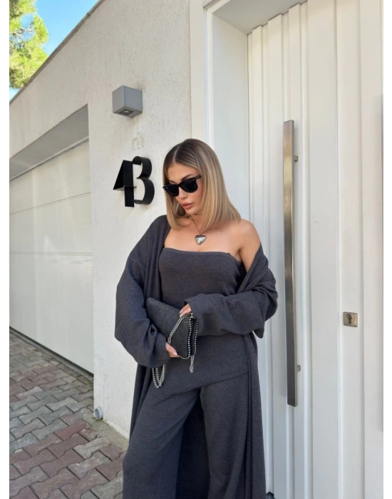 Kadın Triko 3 Parça Takım Straplez Üst Pantolon Uzun Hırka - Füme