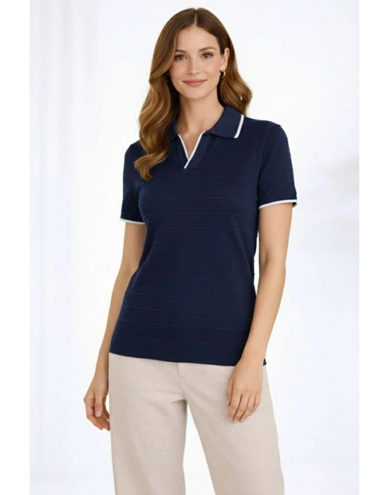 Kadın Triko Kumaş Yakalı Düğmesiz Açık Yaka Fitilli Kısa Kollu Regular Fit Tişört T-shirt - Lacivert