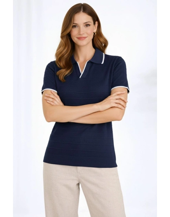 Kadın Triko Kumaş Yakalı Düğmesiz Açık Yaka Fitilli Kısa Kollu Regular Fit Tişört T-shirt - Lacivert