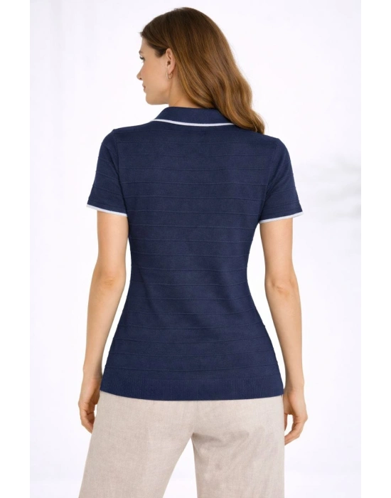 Kadın Triko Kumaş Yakalı Düğmesiz Açık Yaka Fitilli Kısa Kollu Regular Fit Tişört T-shirt - Lacivert