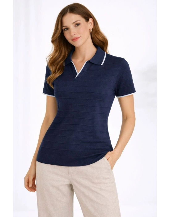 Kadın Triko Kumaş Yakalı Düğmesiz Açık Yaka Fitilli Kısa Kollu Regular Fit Tişört T-shirt - Lacivert