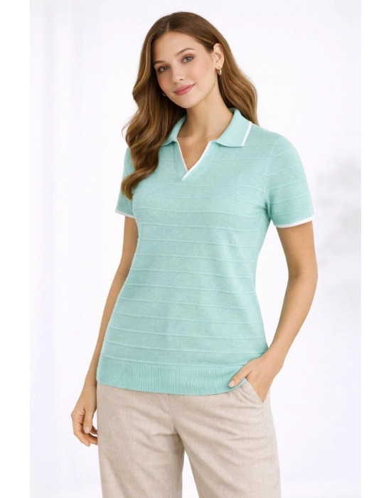 Kadın Triko Kumaş Yakalı Düğmesiz Açık Yaka Fitilli Kısa Kollu Regular Fit Tişört T-shirt - Mint Yeşili