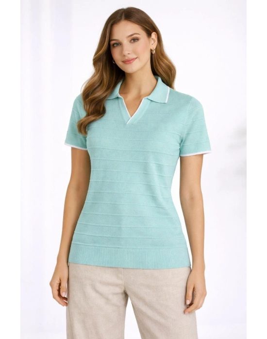 Kadın Triko Kumaş Yakalı Düğmesiz Açık Yaka Fitilli Kısa Kollu Regular Fit Tişört T-shirt - Mint Yeşili