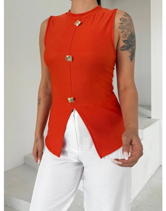 Kadın turuncu bisiklet yaka gold düğmeli ottoman bluz s2310