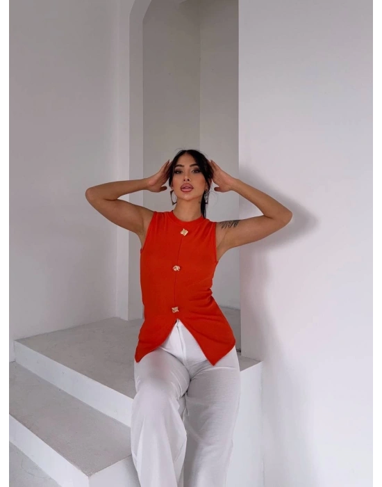 Kadın turuncu bisiklet yaka gold düğmeli ottoman bluz s2310