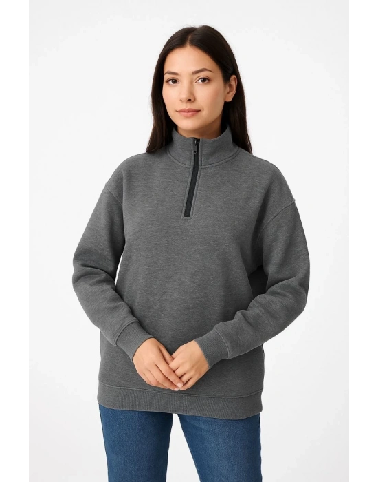 Kadın Üç İplik Dık Yaka Yarım Fermuarlı SweatShirt - Antrasit
