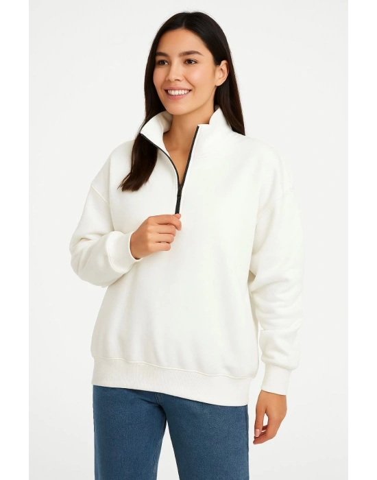 Kadın Üç İplik Dık Yaka Yarım Fermuarlı SweatShirt - Beyaz