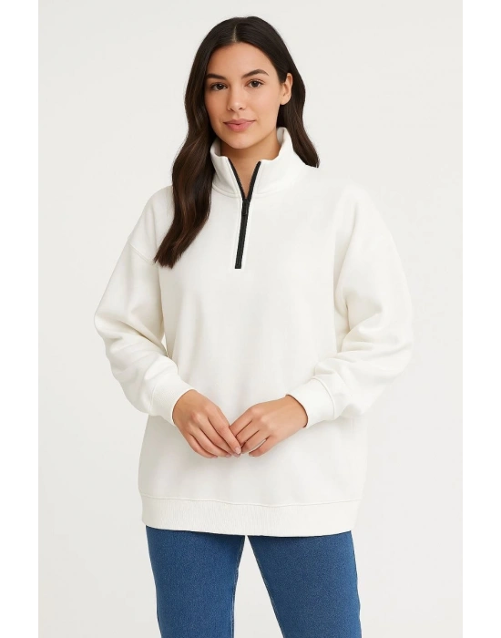 Kadın Üç İplik Dık Yaka Yarım Fermuarlı SweatShirt - Beyaz