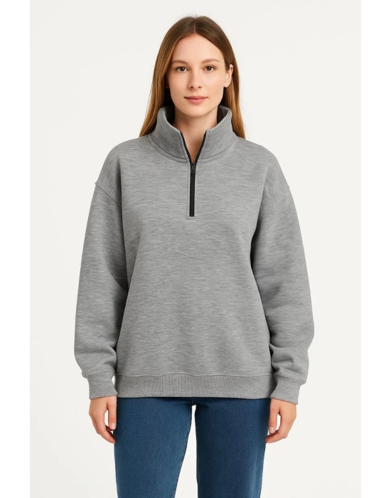 Kadın Üç İplik Dık Yaka Yarım Fermuarlı SweatShirt - Gri
