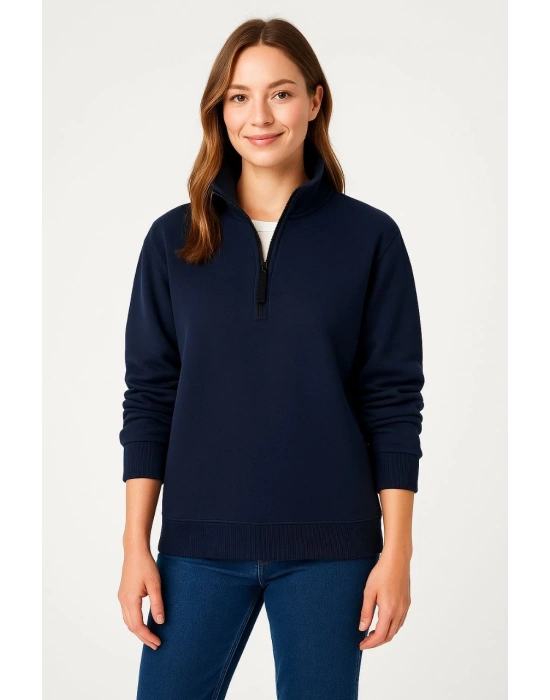 Kadın Üç İplik Dık Yaka Yarım Fermuarlı SweatShirt - Lacivert