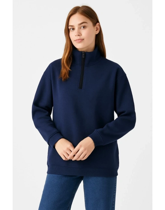 Kadın Üç İplik Dık Yaka Yarım Fermuarlı SweatShirt - Lacivert