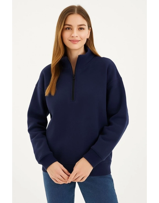 Kadın Üç İplik Dık Yaka Yarım Fermuarlı SweatShirt - Lacivert