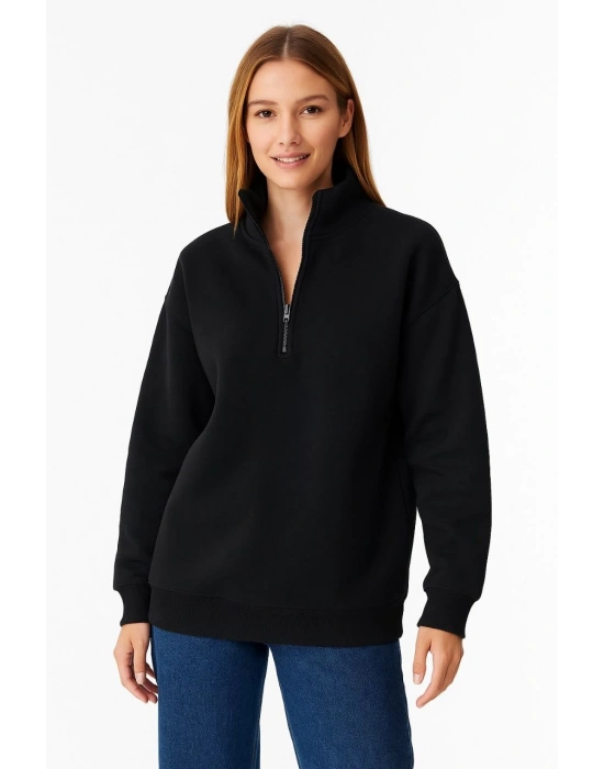 Kadın Üç İplik Dık Yaka Yarım Fermuarlı SweatShirt - Siyah