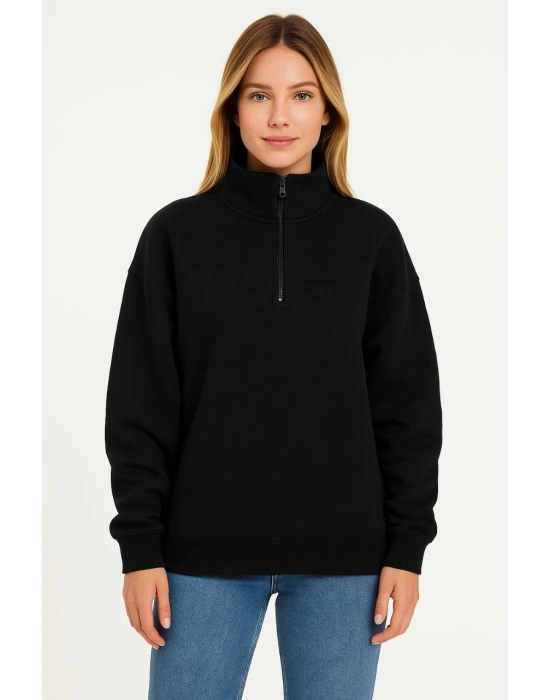 Kadın Üç İplik Dık Yaka Yarım Fermuarlı SweatShirt - Siyah