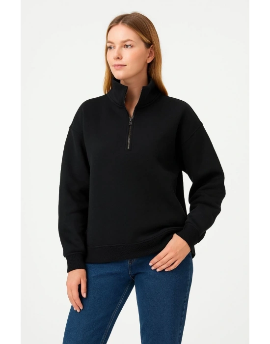 Kadın Üç İplik Dık Yaka Yarım Fermuarlı SweatShirt - Siyah