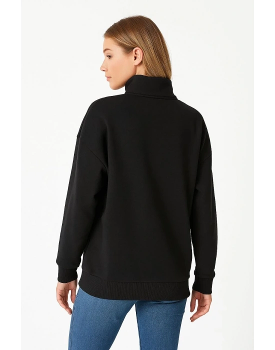 Kadın Üç İplik Dık Yaka Yarım Fermuarlı SweatShirt - Siyah