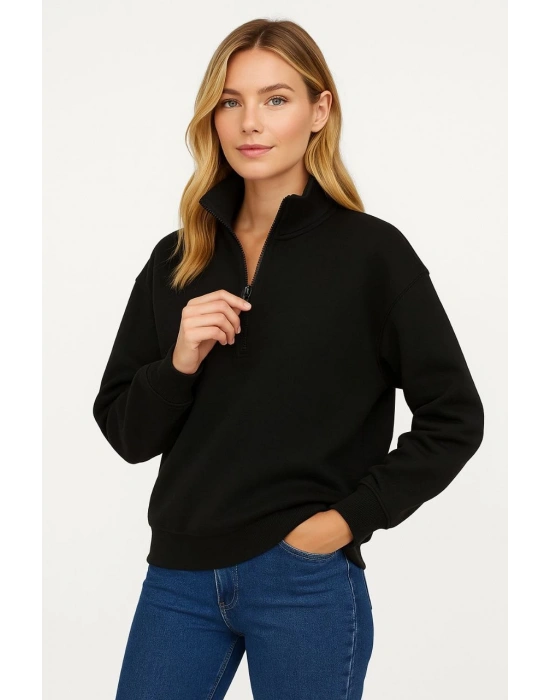 Kadın Üç İplik Dık Yaka Yarım Fermuarlı SweatShirt - Siyah