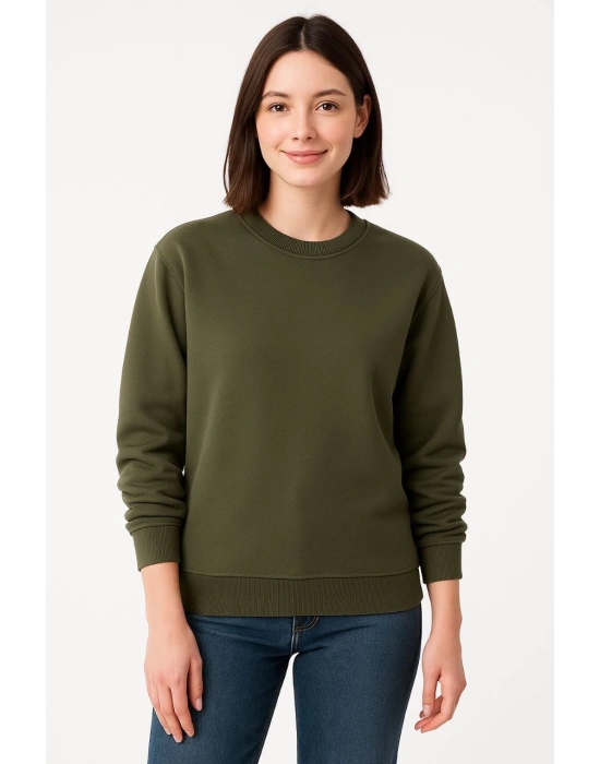 Kadın Üç İplik Düz Bisiklet Yaka SweatShirt - Haki