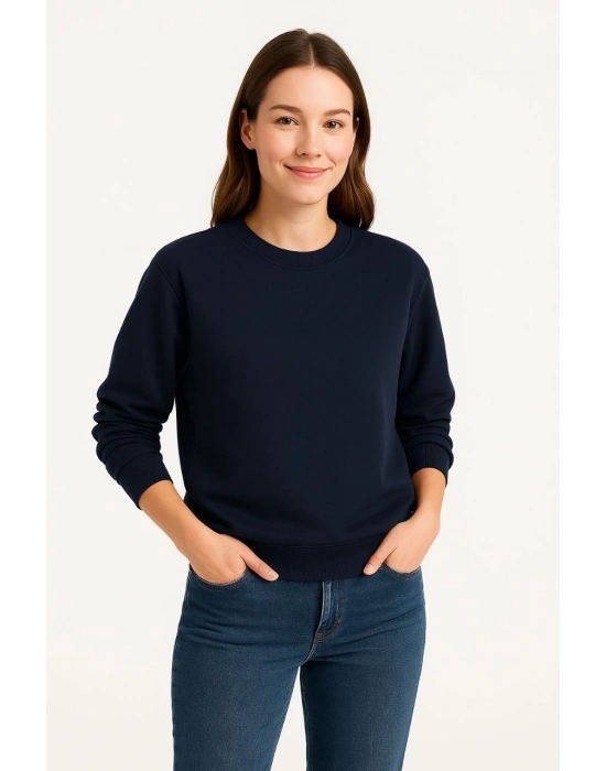 Kadın Üç İplik Düz Bisiklet Yaka SweatShirt - Lacivert