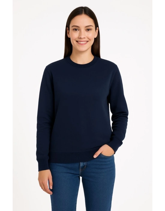 Kadın Üç İplik Düz Bisiklet Yaka SweatShirt - Lacivert