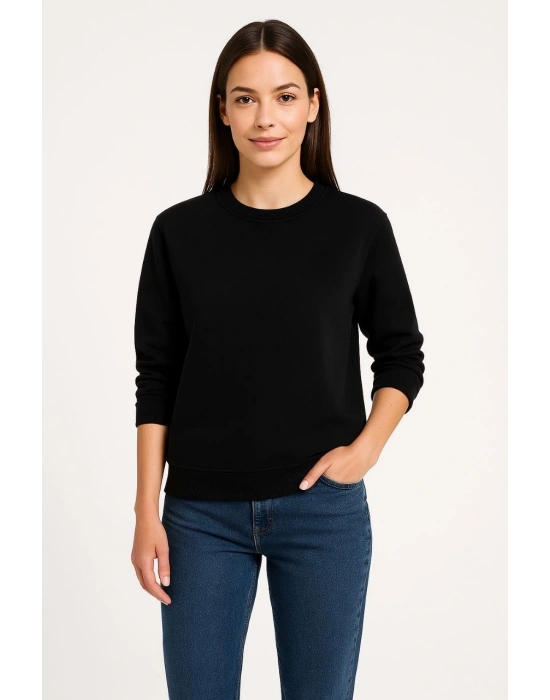 Kadın Üç İplik Düz Bisiklet Yaka SweatShirt - Siyah