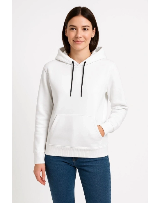 Kadın Üç İplik Kapüşonlu Kanguru Çepli SweatShirt hoodie - Beyaz