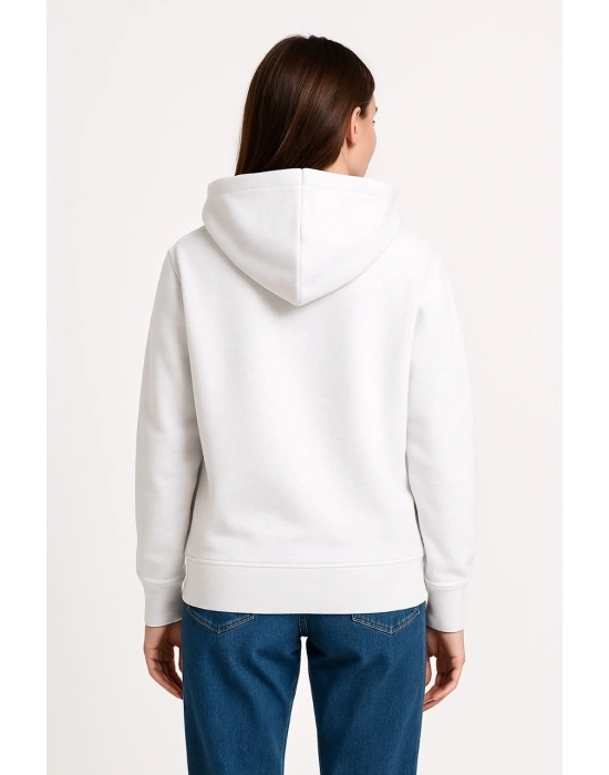 Kadın Üç İplik Kapüşonlu Kanguru Çepli SweatShirt hoodie - Beyaz