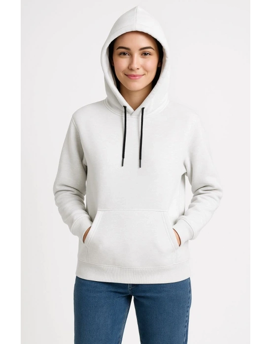 Kadın Üç İplik Kapüşonlu Kanguru Çepli SweatShirt hoodie - Beyaz