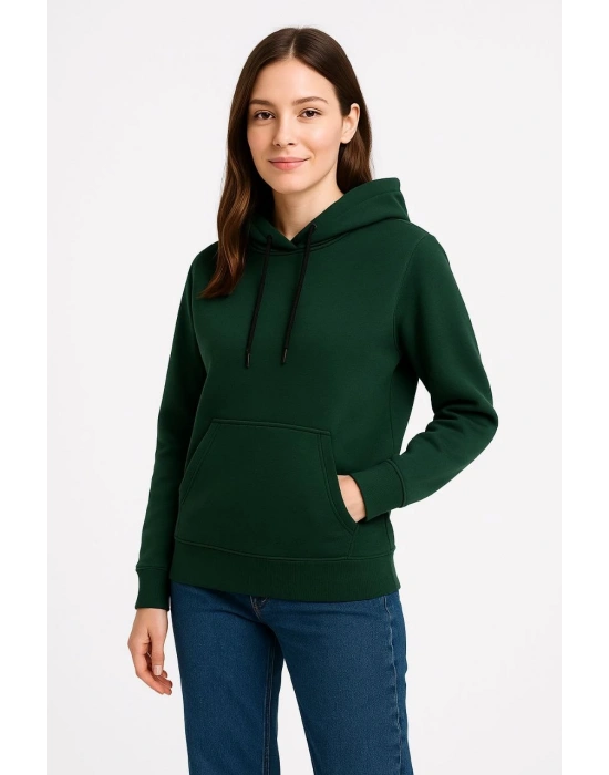 Kadın Üç İplik Kapüşonlu Kanguru Cepli Sweatshirt hoodie - Haki