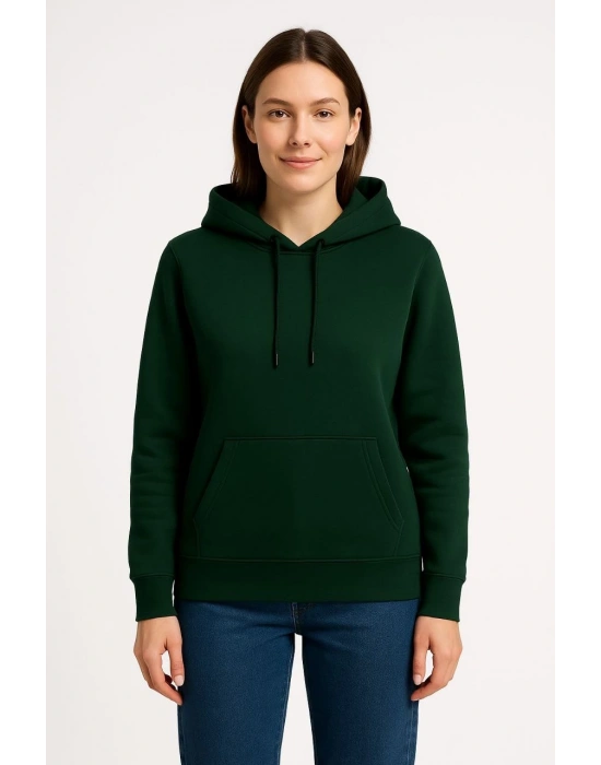 Kadın Üç İplik Kapüşonlu Kanguru Cepli Sweatshirt hoodie - Haki